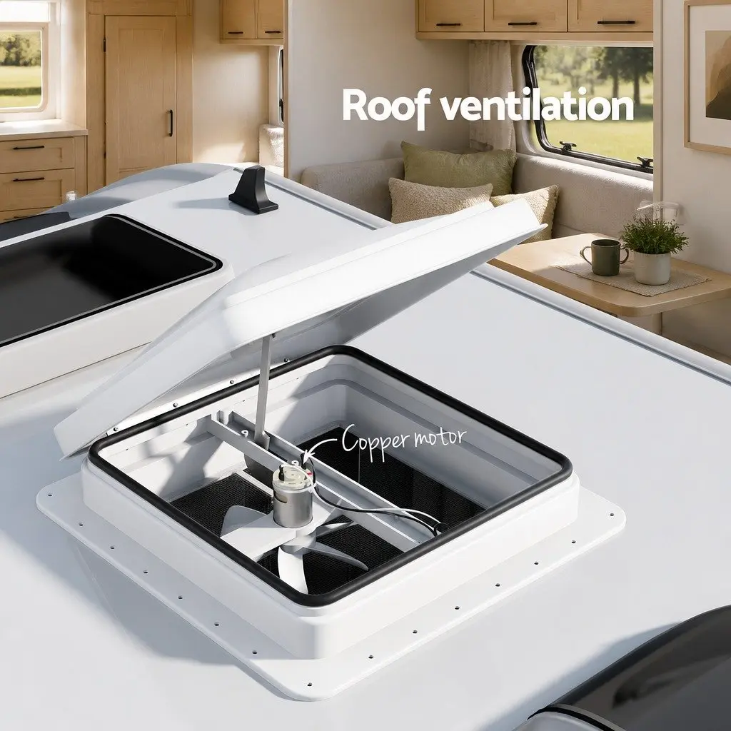 Caravan Roof Vent Fan 12V White 45-Degree Wide-Angle Opening for Maximum Airflow