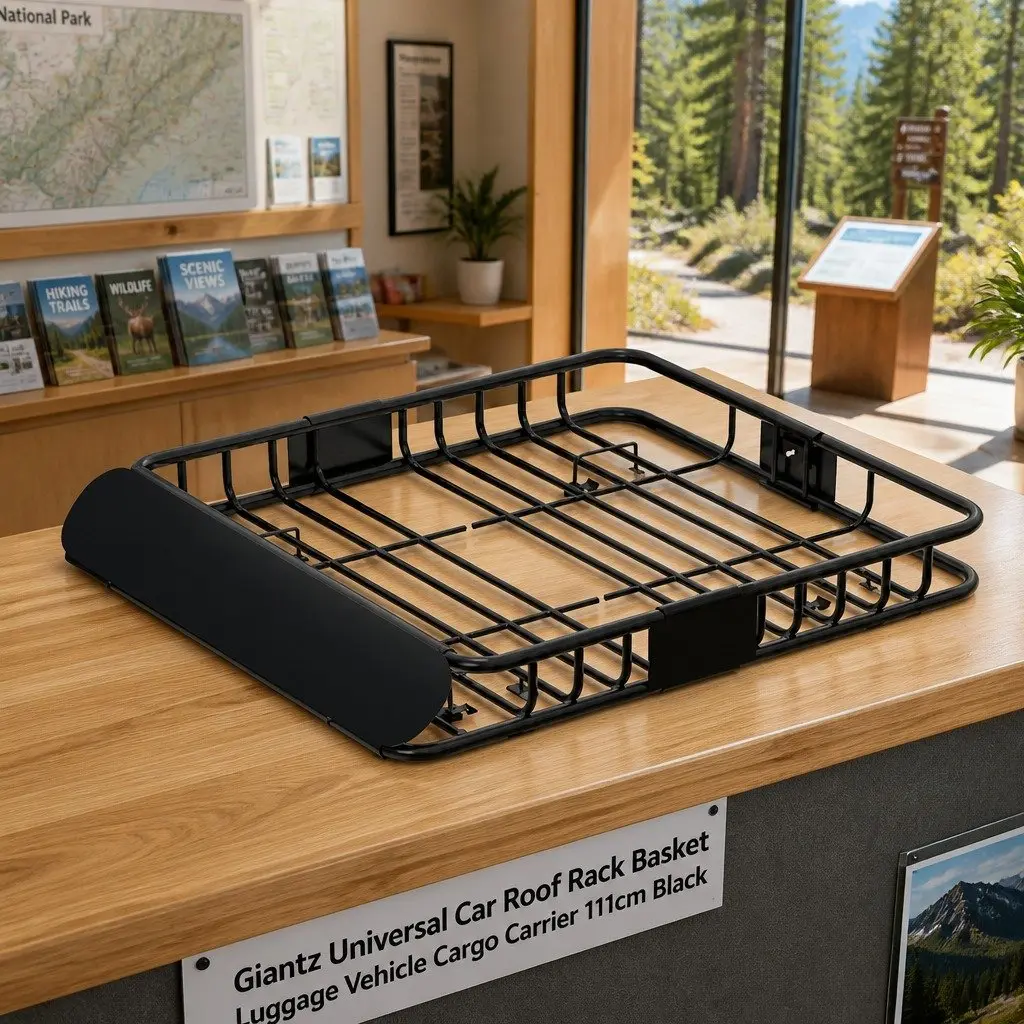 Roof Rack Basket 111cm Black Powder-Coated Steel Universal Vehicle Storage