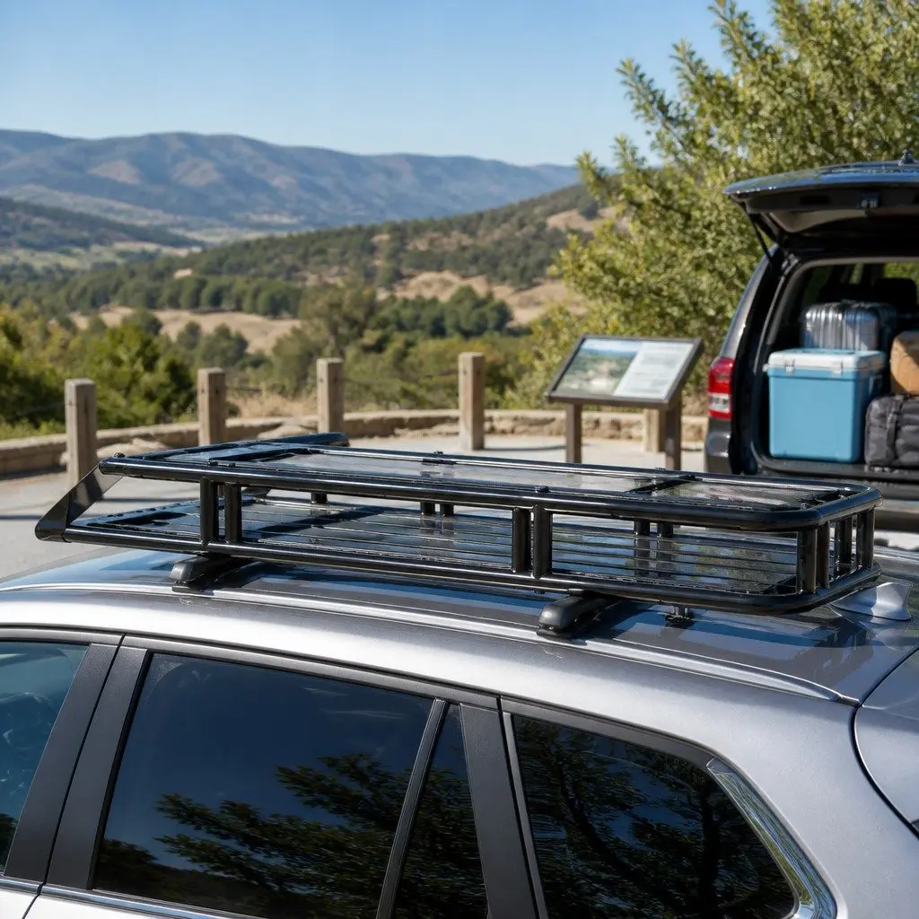 Universal Roof Rack Basket Cargo Carrier 123cm Black Steel Weatherproof Construction