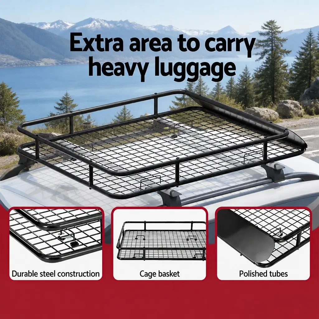 Universal Roof Rack Basket Cargo Carrier 123cm Black Steel Weatherproof Construction