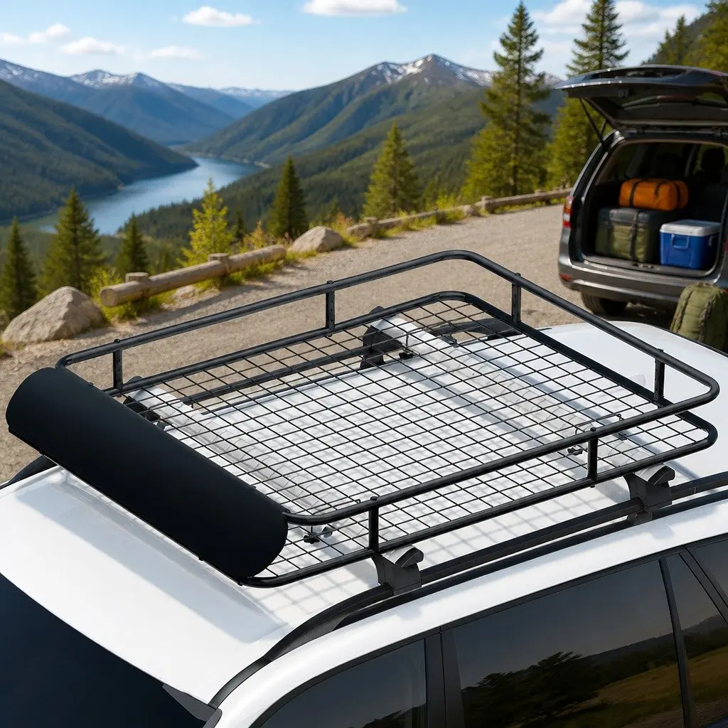 Universal Roof Rack Basket Cargo Carrier 123cm Black Steel Weatherproof Construction