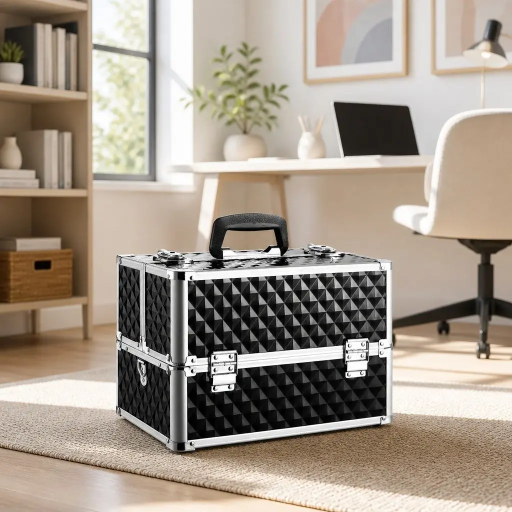 Portable Cosmetic Makeup Case 23cm x 36cm Adjustable Dividers Diamond Black