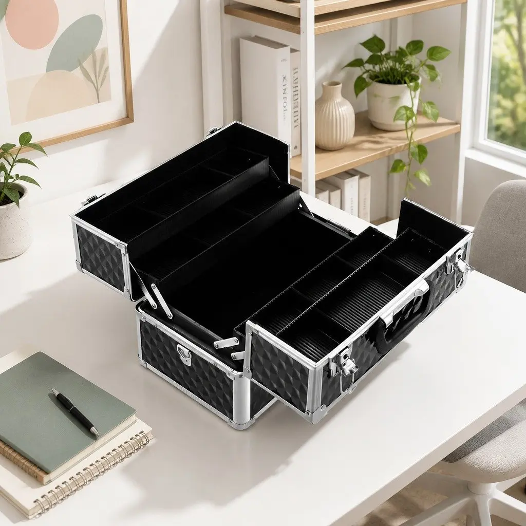 Portable Cosmetic Makeup Case 23cm x 36cm Adjustable Dividers Diamond Black