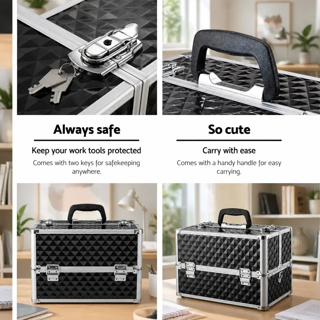 Portable Cosmetic Makeup Case 23cm x 36cm Adjustable Dividers Diamond Black