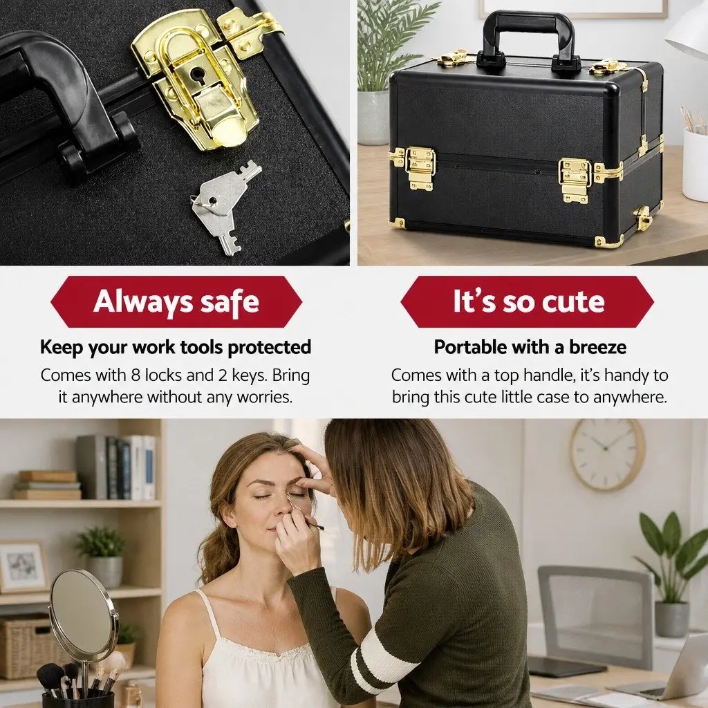 Makeup Case Trolley 4 Layer Portable Organiser with Adjustable Dividers Gold Black