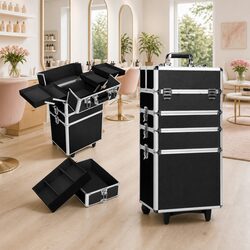 Makeup Case Beauty Trolley Cosmetic Organiser Box Travel Wheels Black 7 in 1