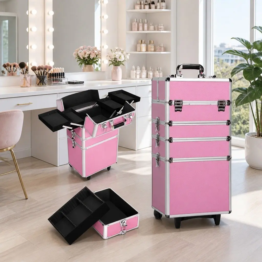 Makeup Trolley 7-in-1 Portable Cosmetic Organiser Box with Wheels Pink