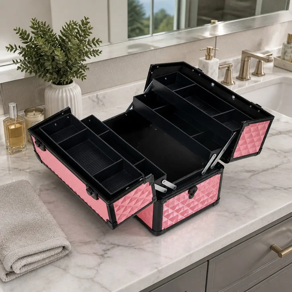 Cosmetic Makeup Case 23x36x27cm Diamond Pink Lockable with Shoulder Strap