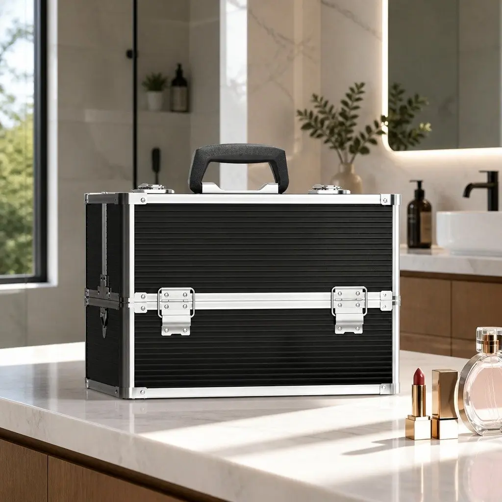 Portable Makeup Case Black Adjustable Compartments Aluminium Frame Velvet Interior