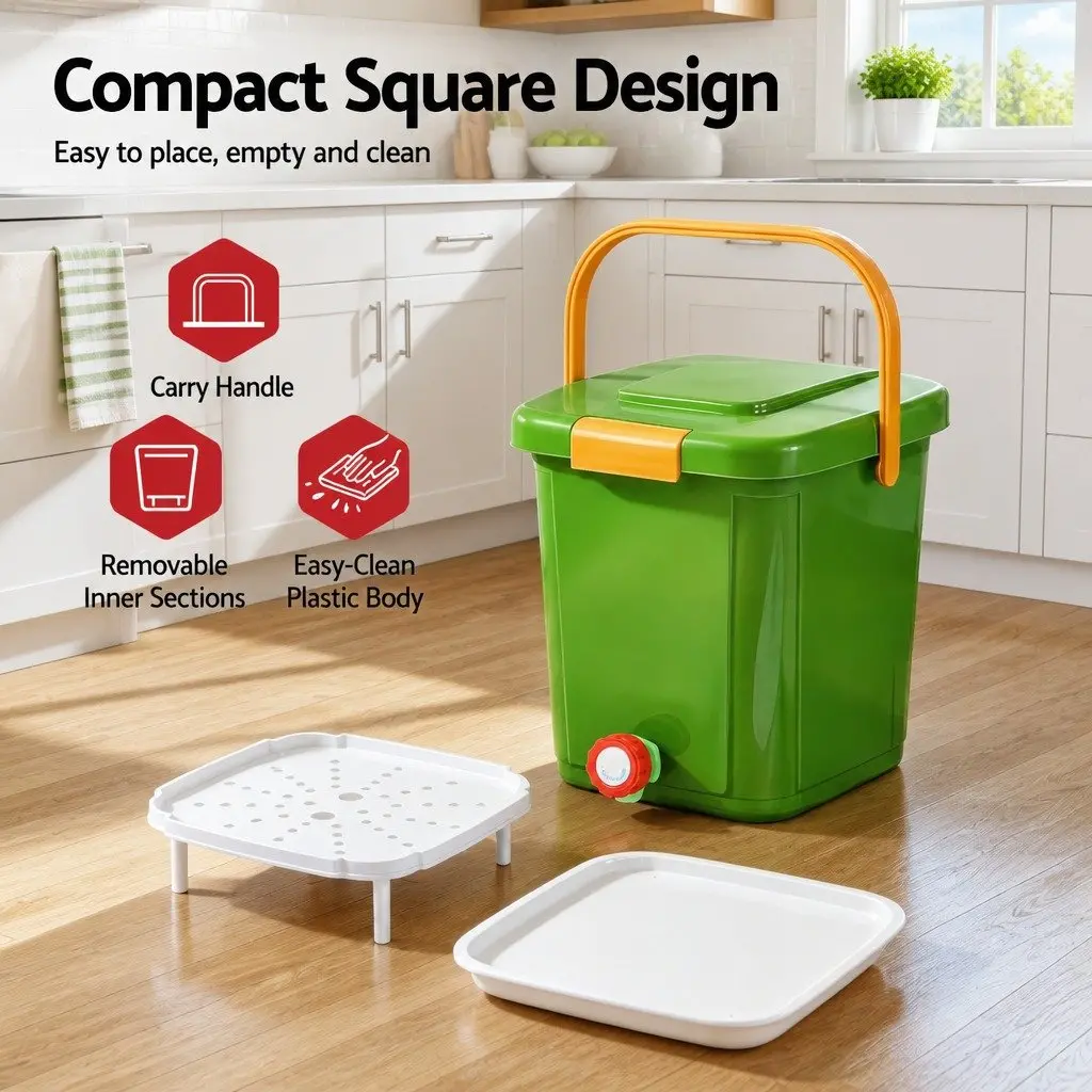 Compost Caddy 15L Square Green with Drain Tap Inner Cover Carry Handle for Kitchen Waste Management