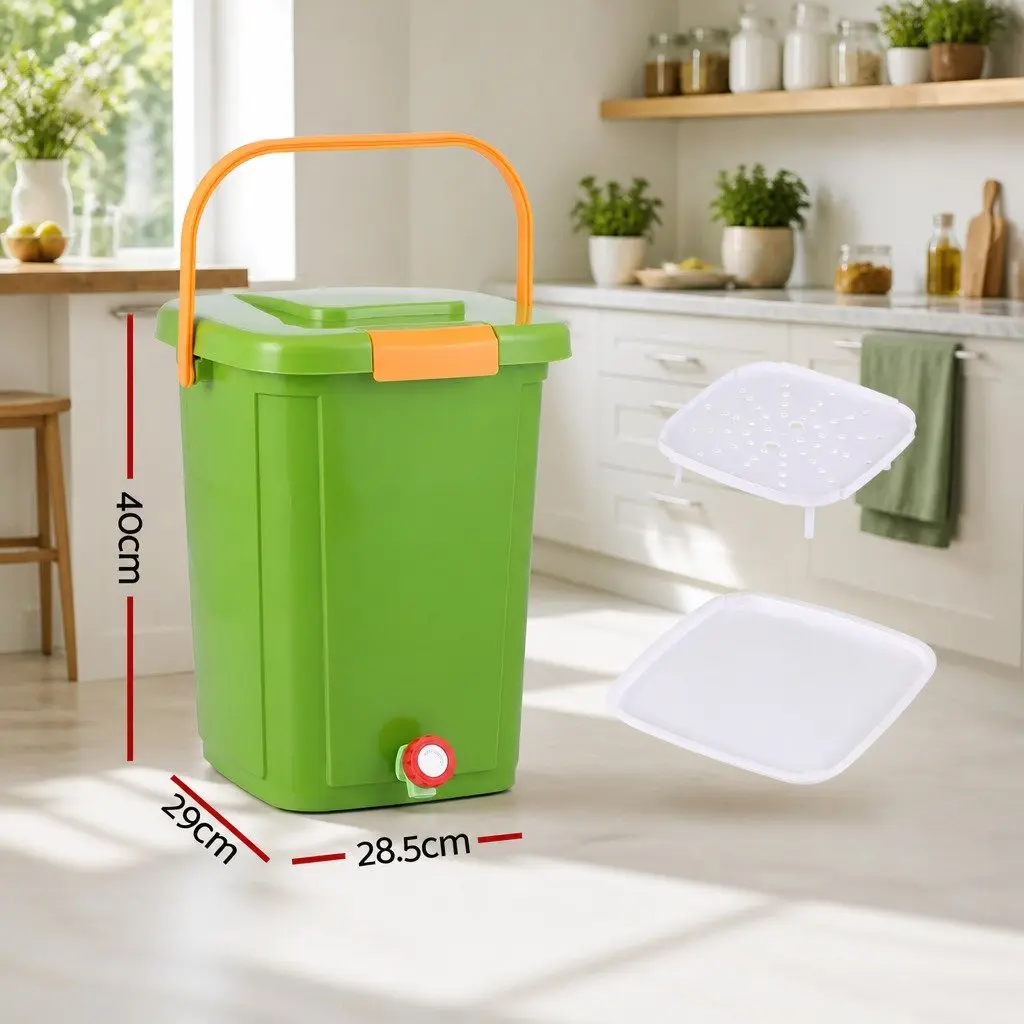 Kitchen Compost Bin 20L Food Waste Caddy Square Drain Tap Removable Sorting Tray