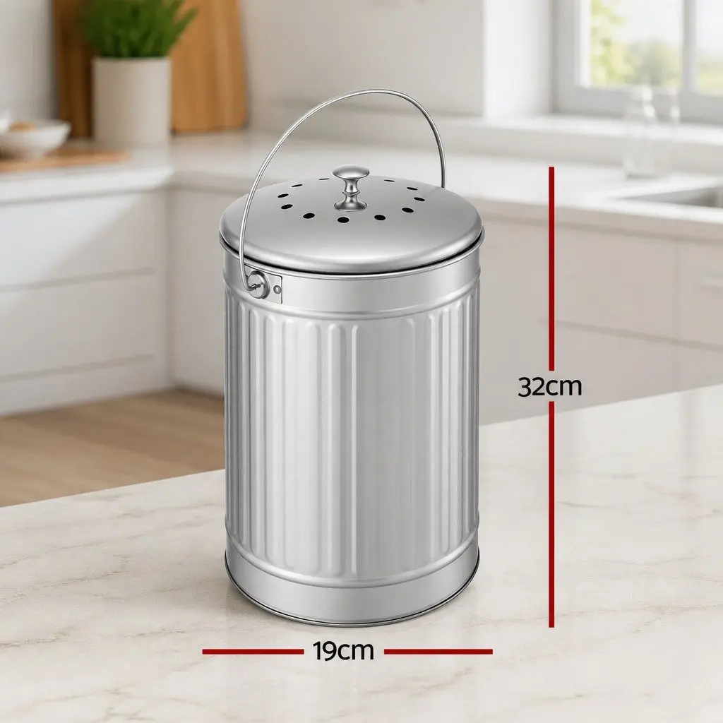 Countertop Compost Bin 6L Stainless Steel Ventilated Lid Kitchen Food Waste Caddy Silver