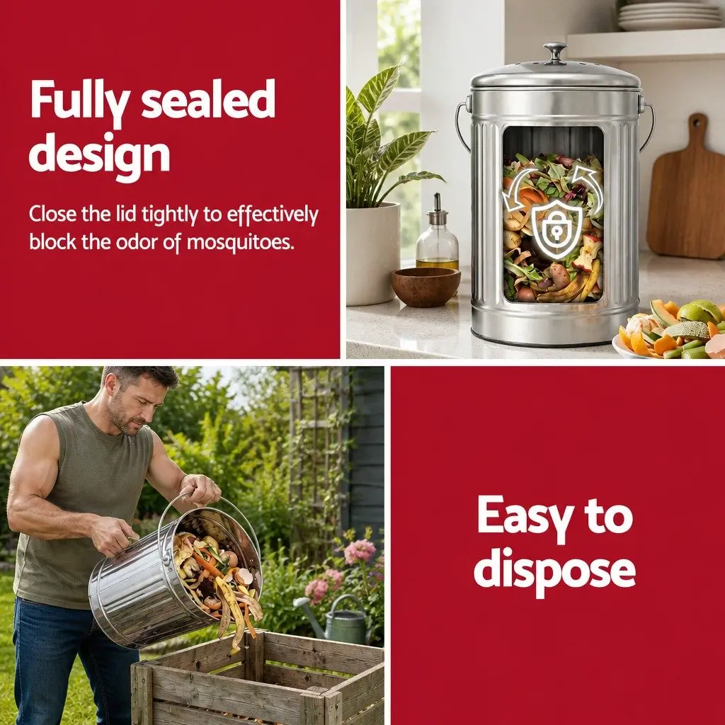 Countertop Compost Bin 6L Stainless Steel Ventilated Lid Kitchen Food Waste Caddy Silver