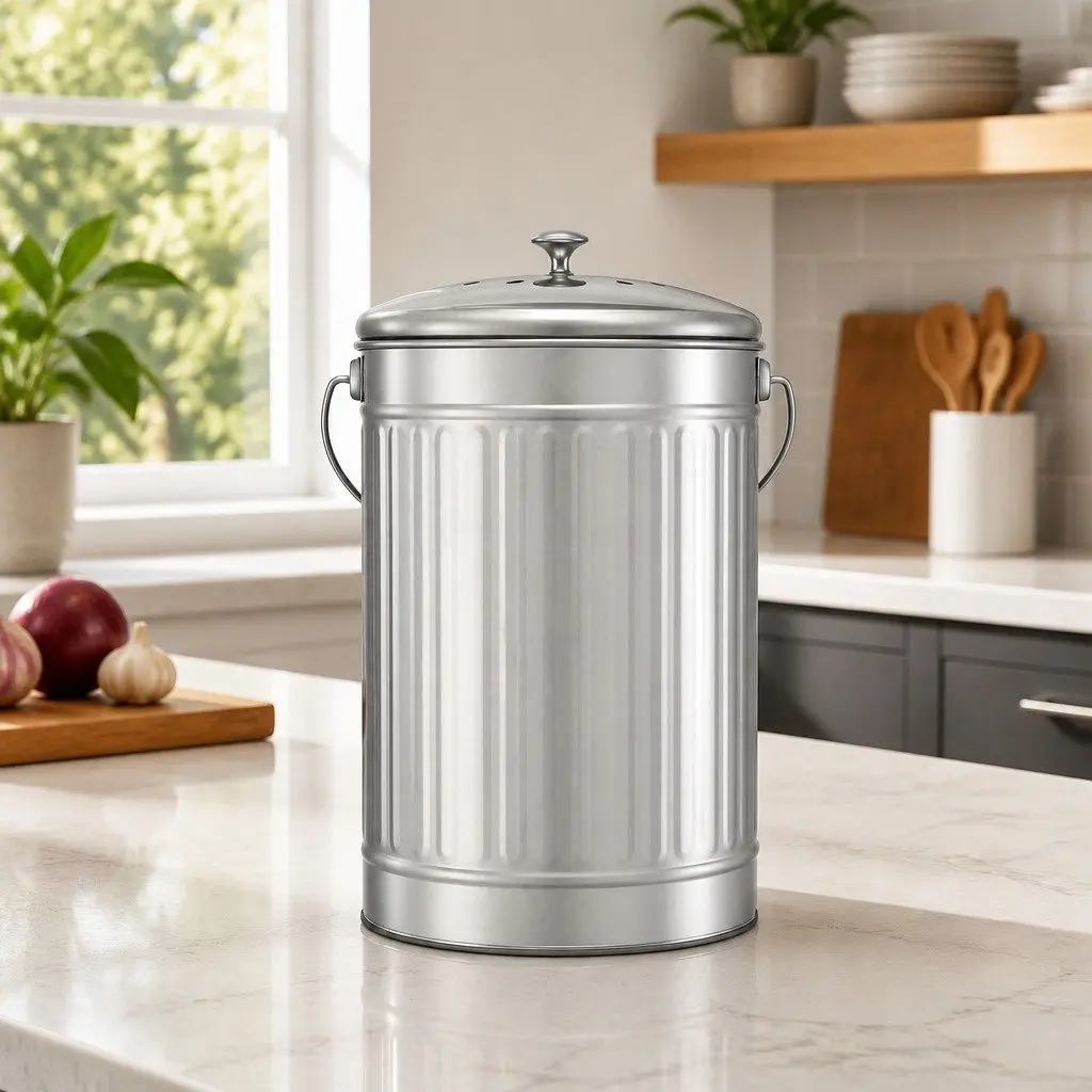 Countertop Compost Bin 6L Stainless Steel Ventilated Lid Kitchen Food Waste Caddy Silver