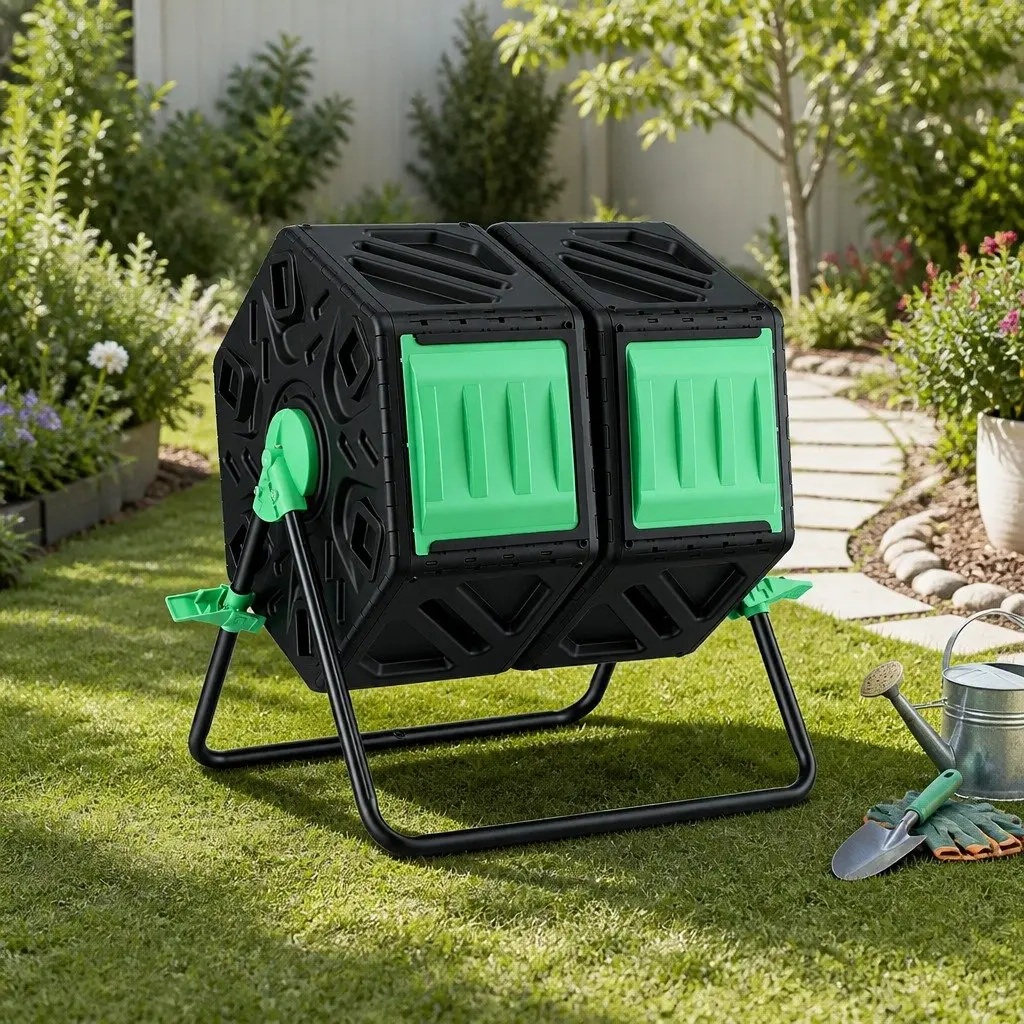 Dual-Chamber Compost Bin 130L Rotating Tumbler for Garden Waste Composting