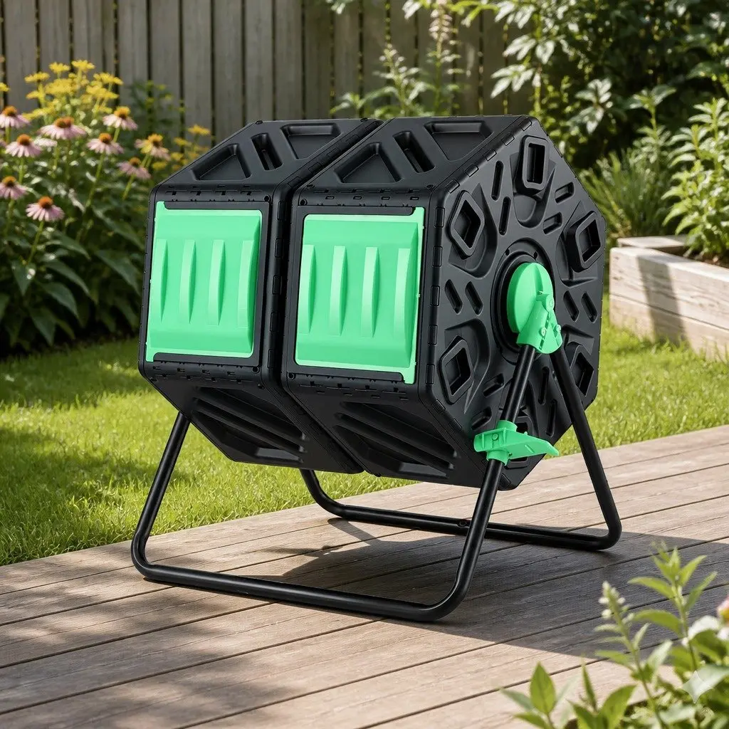 Dual-Chamber Compost Bin 130L Rotating Tumbler for Garden Waste Composting