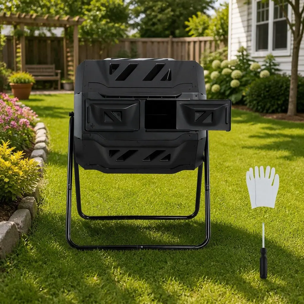 Dual-Chamber Compost Bin Tumbler 160L Rotating Garden Waste Composter Black
