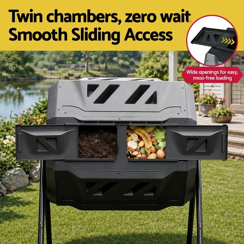 Dual-Chamber Compost Bin Tumbler 160L Rotating Garden Waste Composter Black