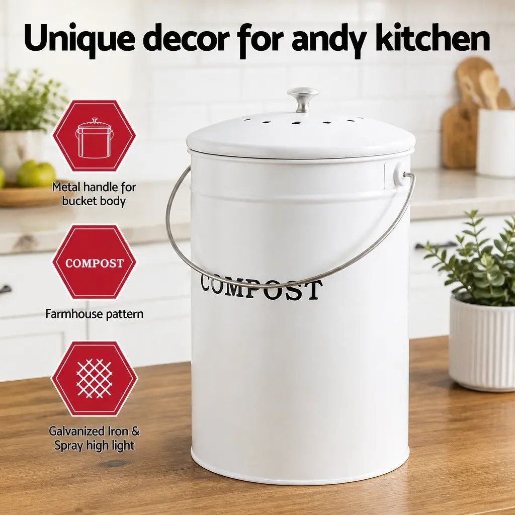 Kitchen Compost Caddy 6L Ventilated Lid Compact Countertop Food Waste Bin