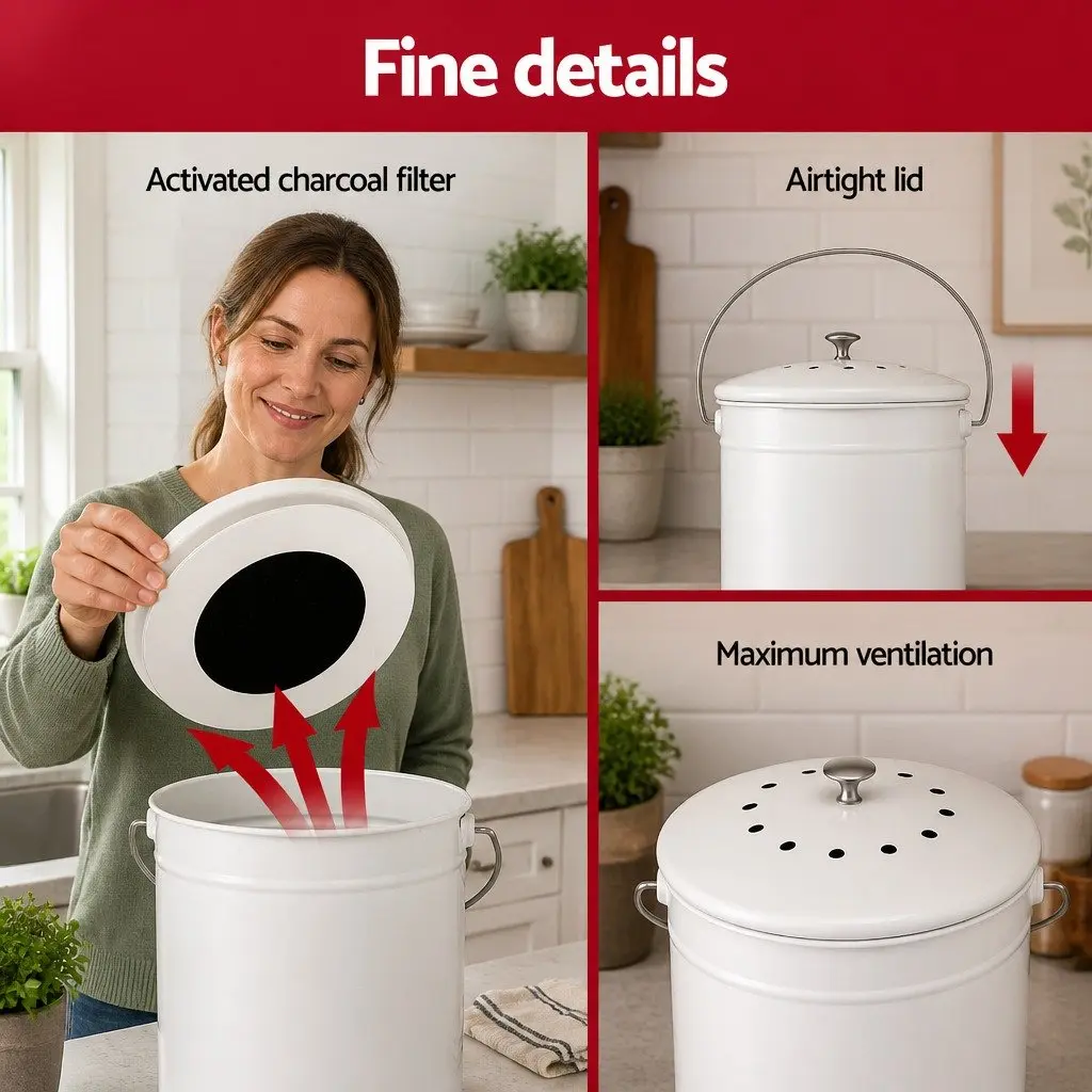Kitchen Compost Caddy 6L Ventilated Lid Compact Countertop Food Waste Bin