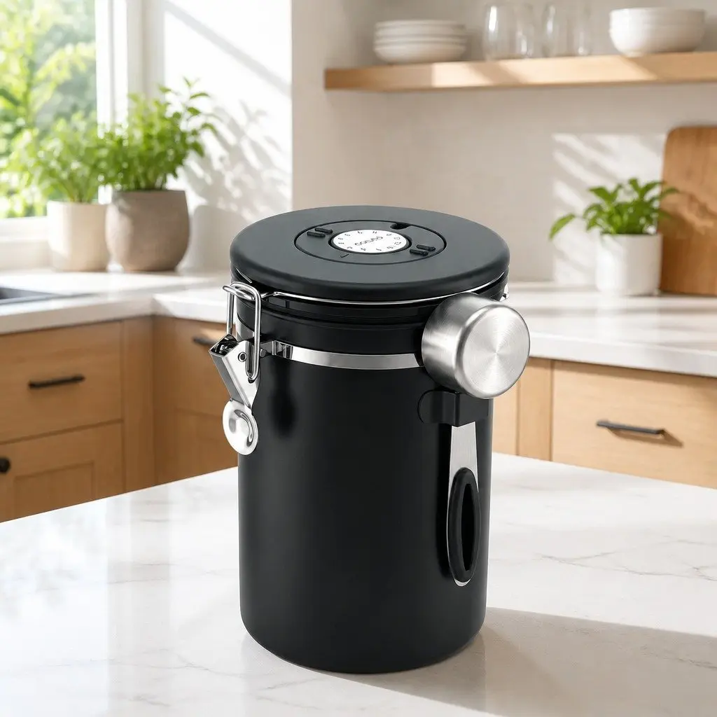 Stainless Steel Coffee Bean Storage Container 1.8L with Viewing Window and Freshness Valve