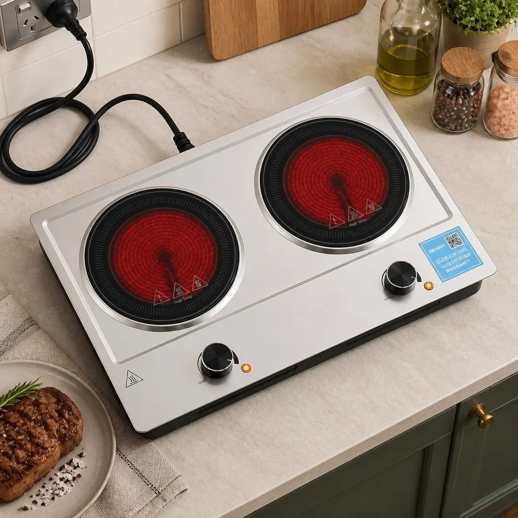 Electric Ceramic Cooktop 2 Zone Knob Control Infrared Heating 2400W Silver