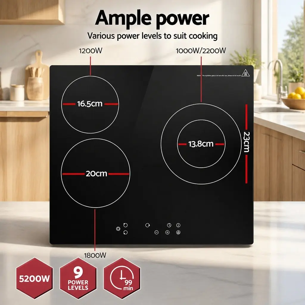 60cm Electric Ceramic Cooktop 4 Cooking Zones Touch Control Black Glass Surface