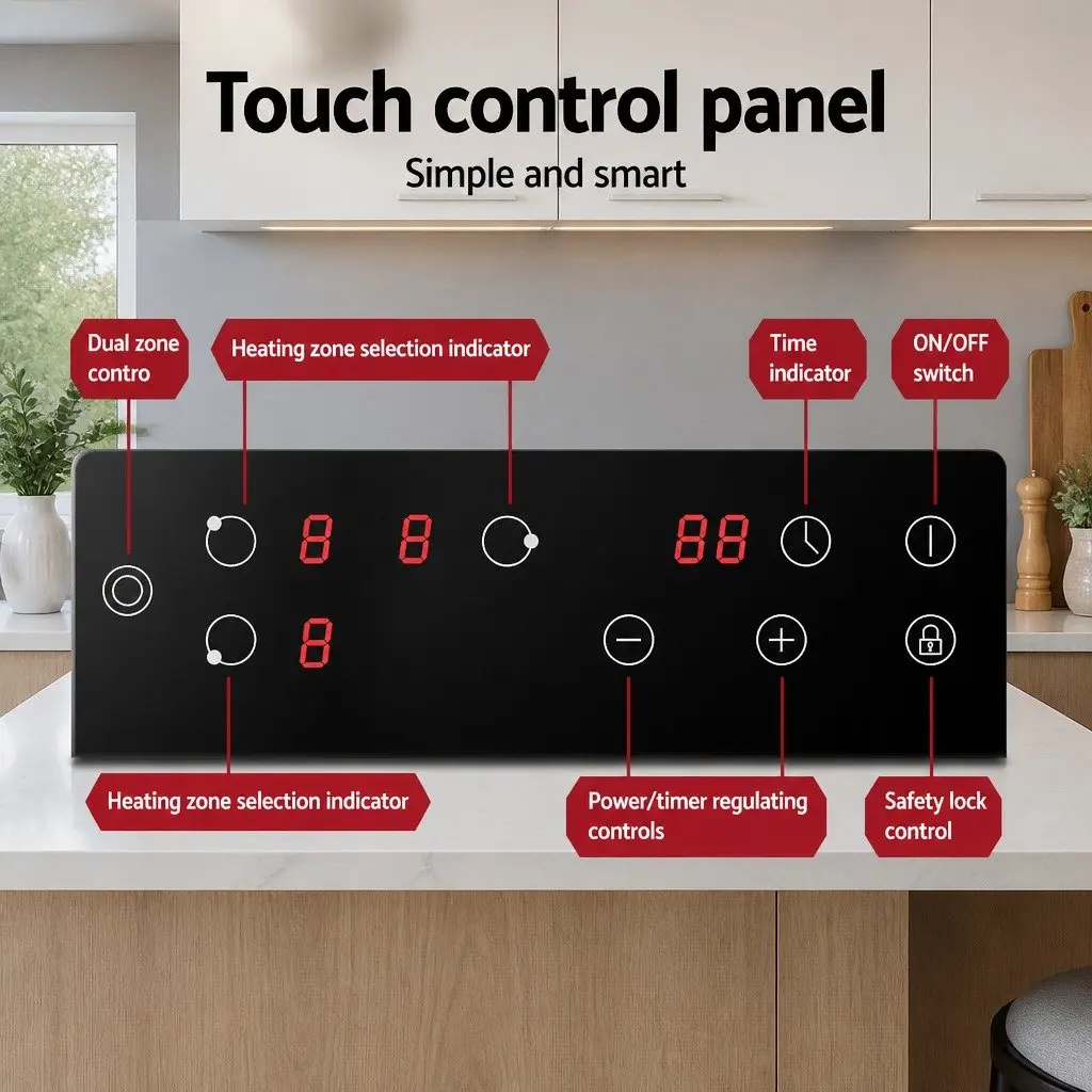60cm Electric Ceramic Cooktop 4 Cooking Zones Touch Control Black Glass Surface