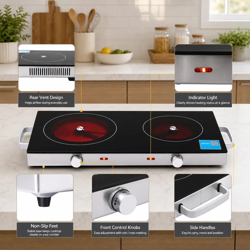 Portable Ceramic Cooktop Dual Burner Electric Hot Plate 2800W Black Benchtop