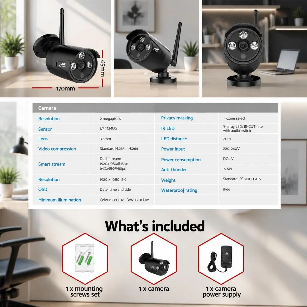 Wireless Bullet Security Camera 3MP Full HD Indoor Outdoor Waterproof Black