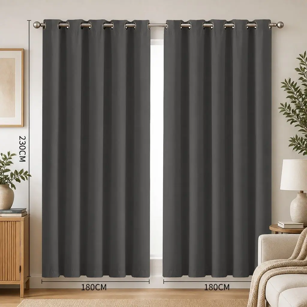 2x Blockout Curtain Panels Eyelet 3 Layer Charcoal Room Darkening Noise