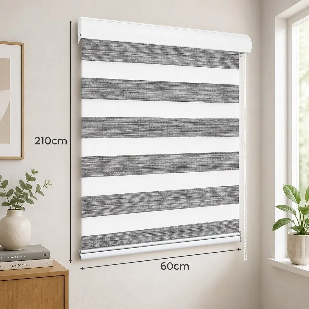 Zebra Roller Blind 60x210cm Grey Light Control Privacy Double Layer Fabric