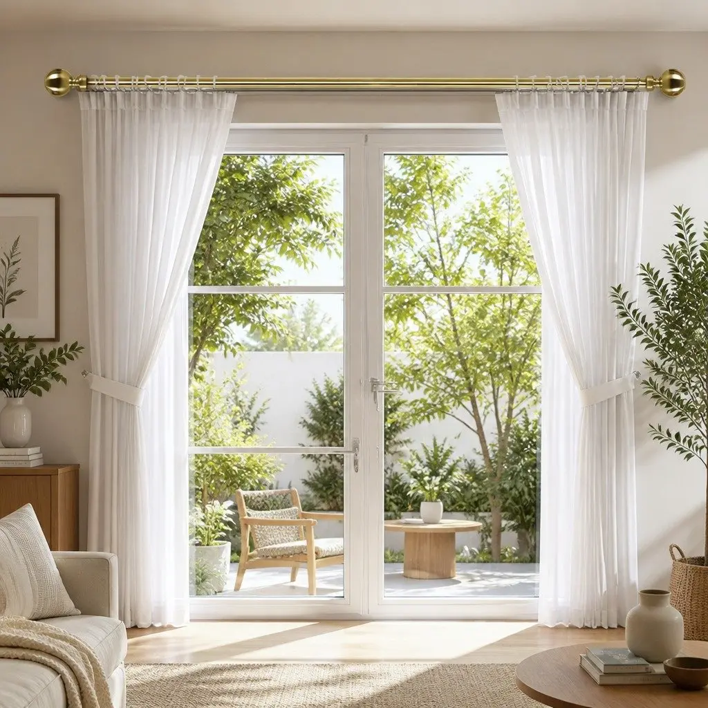 Extendable Curtain Rod Set Steel Pole Adjustable Length Quiet Operation Silencer Sliders Antique Brass Home Decor