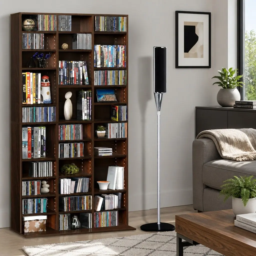 CD DVD Storage Rack Adjustable Shelf Media Organizer Display Unit Walnut Finish