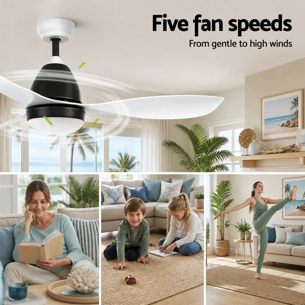48 Inch Ceiling Fan DC Motor LED Light Remote Control 5 Speed White Indoor