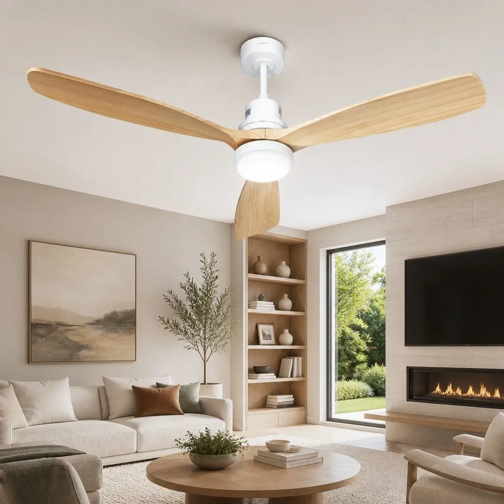 Ceiling Fan 52 Inch DC Motor Remote Control LED Light Wooden Blades Indoor Use