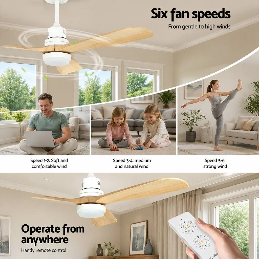 Ceiling Fan 52 Inch DC Motor Remote Control LED Light Wooden Blades Indoor Use