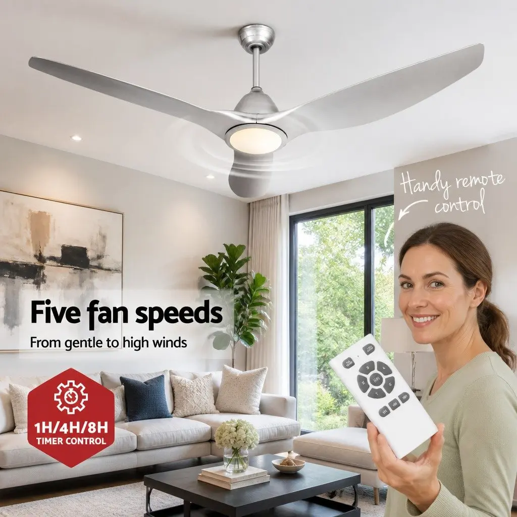 Ceiling Fan 64 Inch DC Motor LED Light Remote Control 5 Speed Silver Indoor