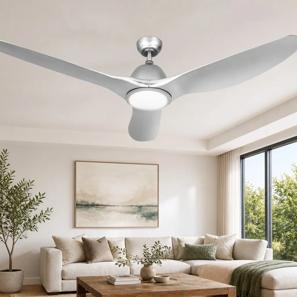 Ceiling Fan 64 Inch DC Motor LED Light Remote Control 5 Speed Silver Indoor