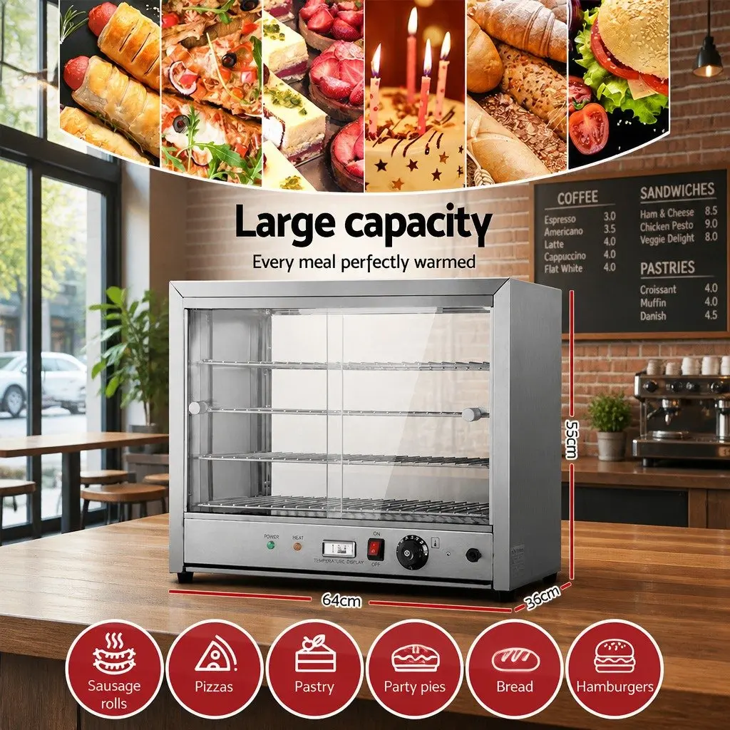 Commercial Food Warmer 64cm 4-Tier Stainless Steel Showcase with Adjustable Temperature Control and Rear Sliding Glass Doors