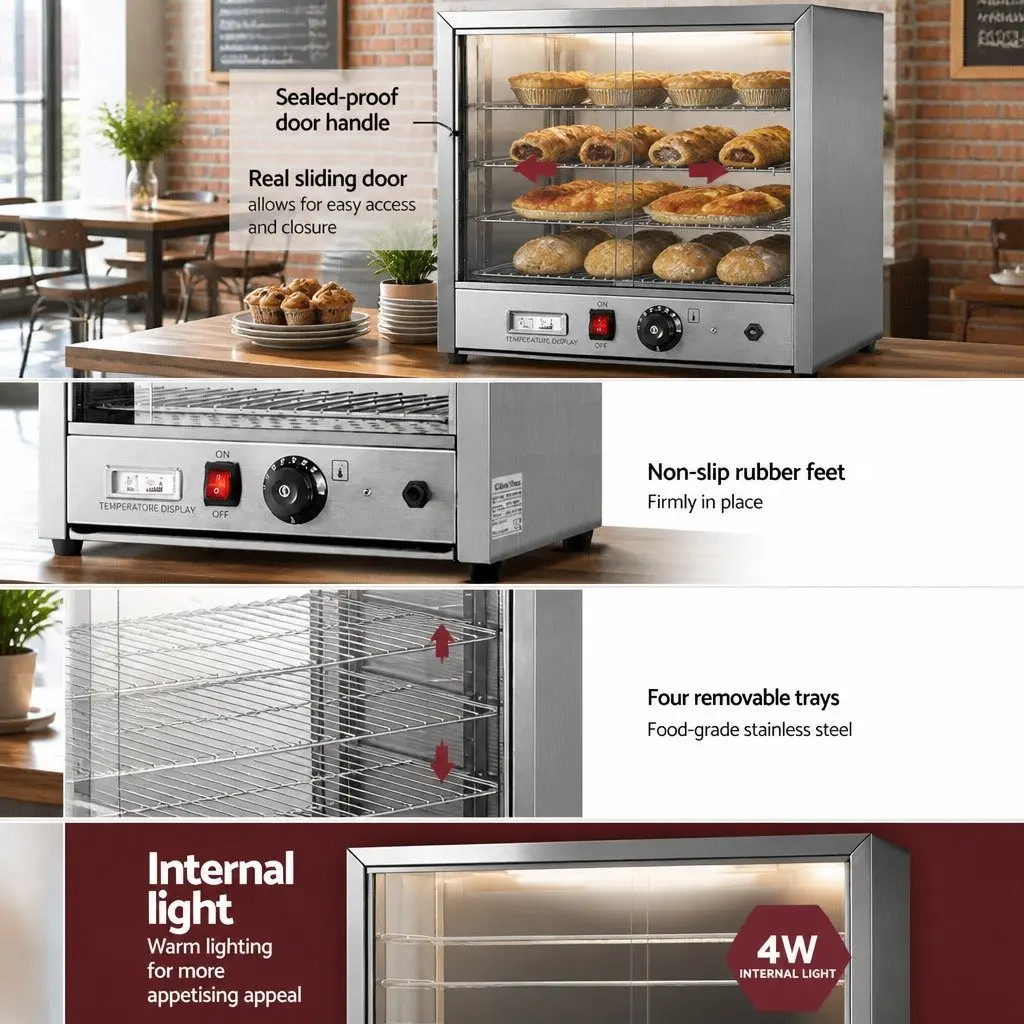 Commercial Food Warmer 64cm 4-Tier Stainless Steel Showcase with Adjustable Temperature Control and Rear Sliding Glass Doors