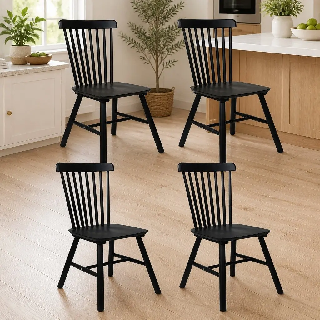Dining Chairs Set of 4 Windsor Black Solid Wood Frame Ergonomic Support