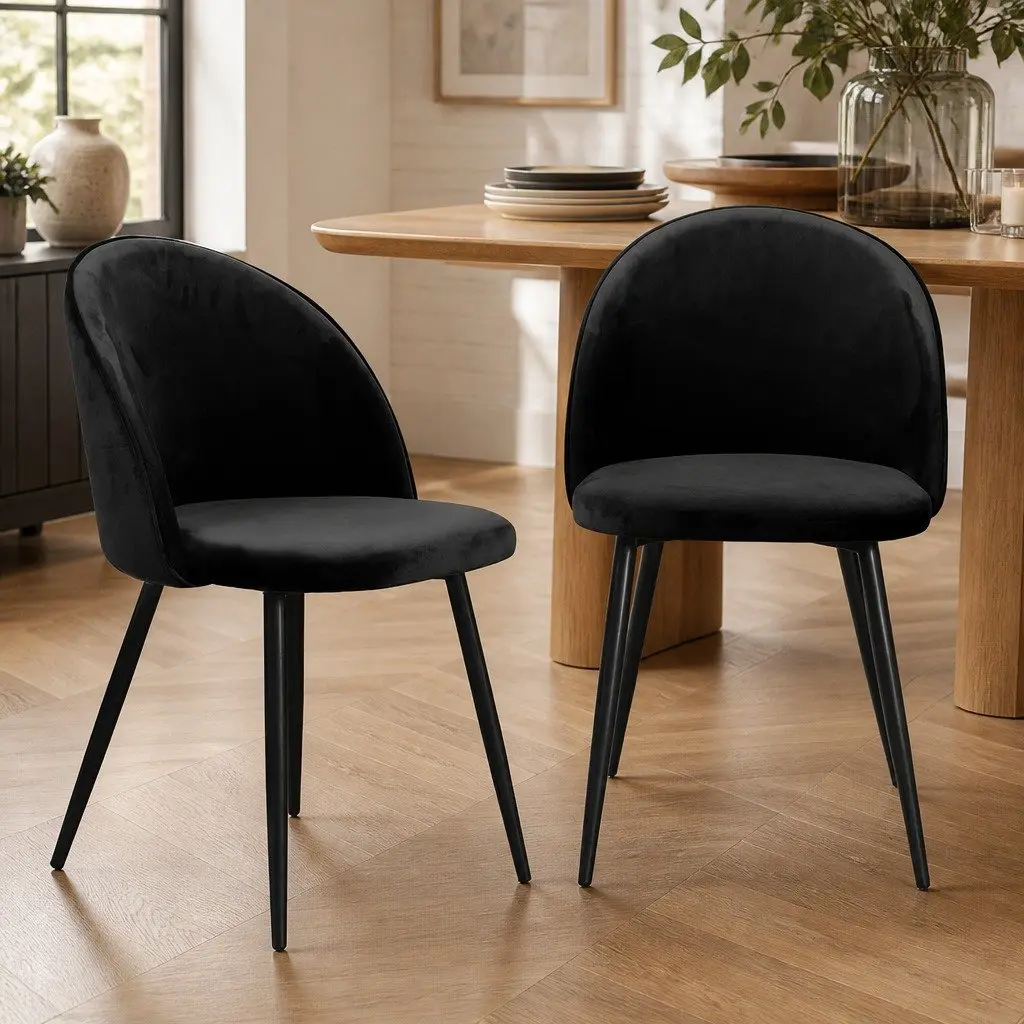 Dining Chairs Set of 2 Kitchen Cafe Velvet Black Comfortable Backrest