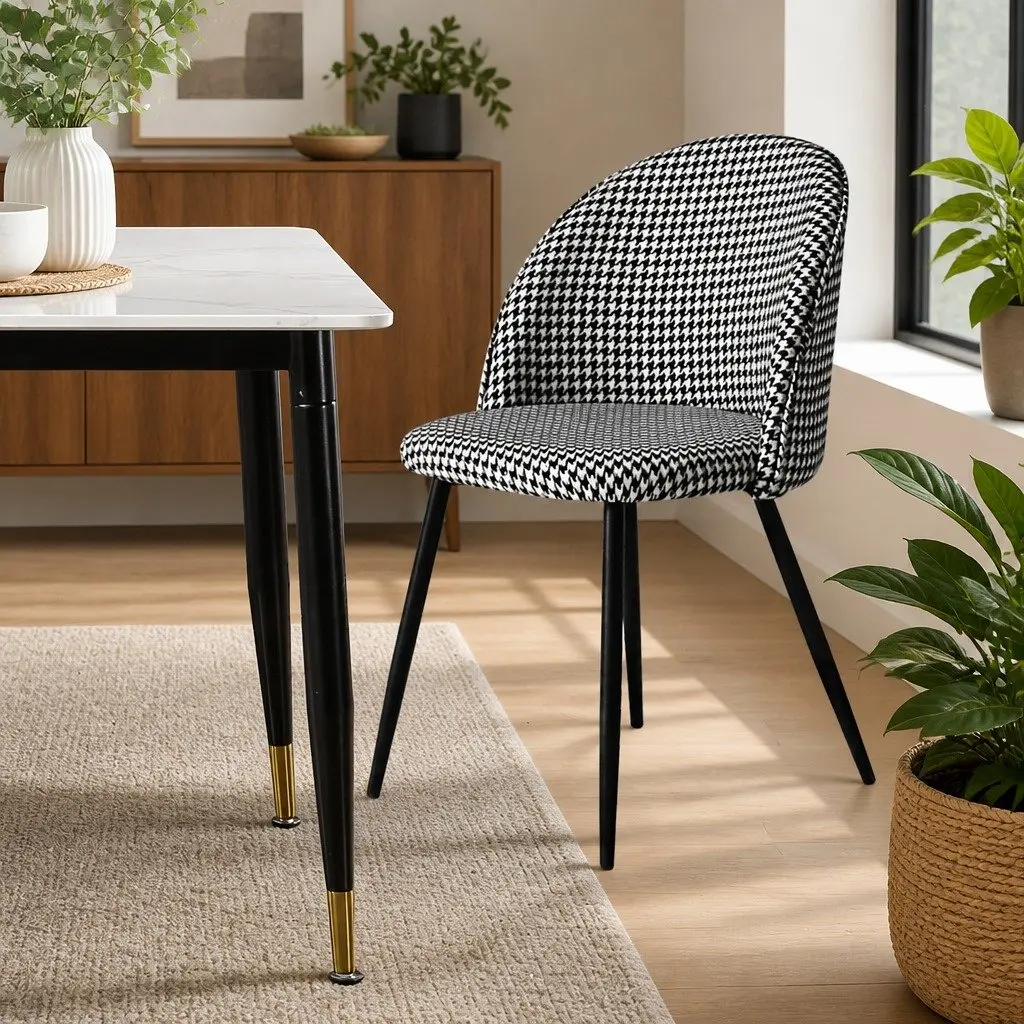 Dining Chairs Set Black White Houndstooth Fabric Steel Frame Backrest