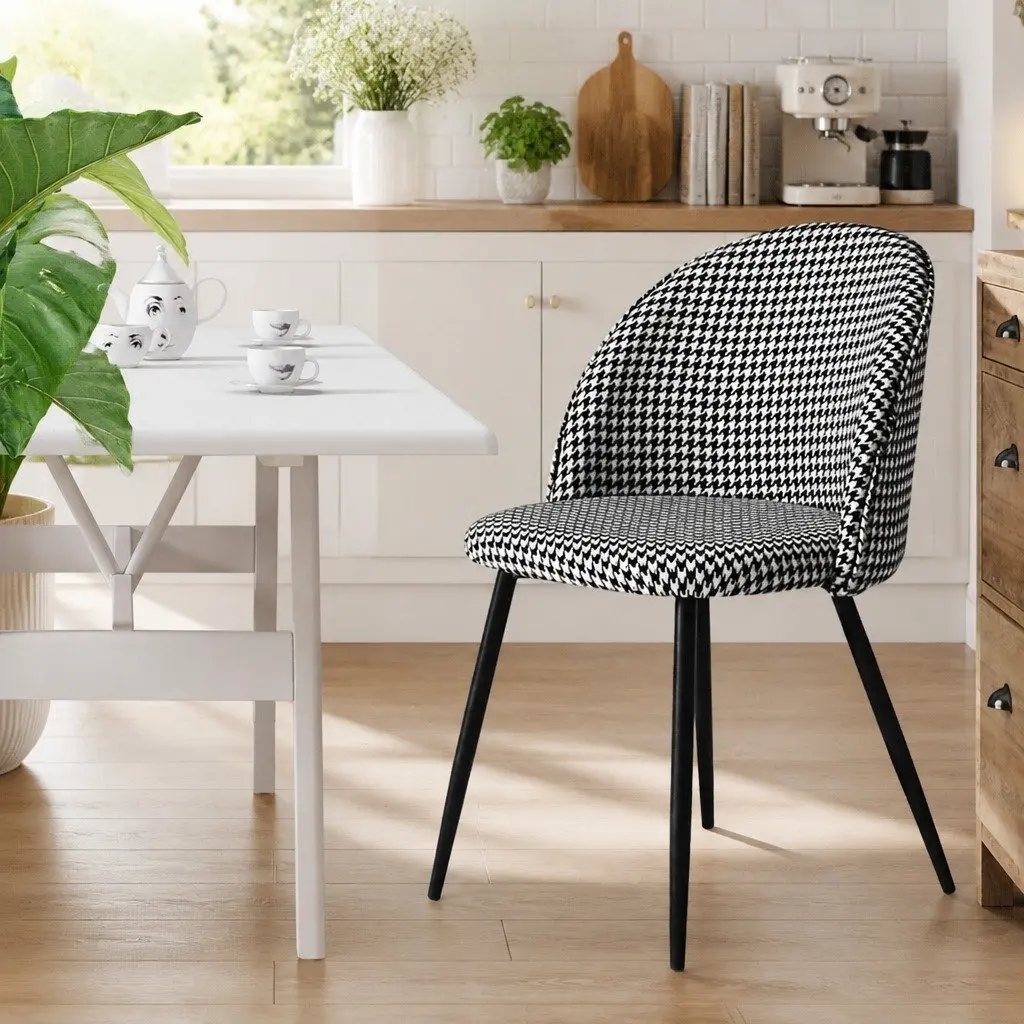 Dining Chairs Set Black White Houndstooth Fabric Steel Frame Backrest
