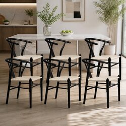 6 Black Dining Chairs with Rattan Seating for Modern Spaces