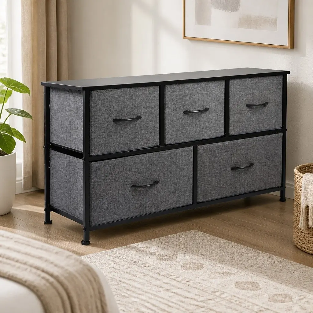 Chest of 5 Drawers Storage Cabinet Dark Grey Durable MDF and Steel Frame Removable Drawers Adjustable Feet Easy Assembly