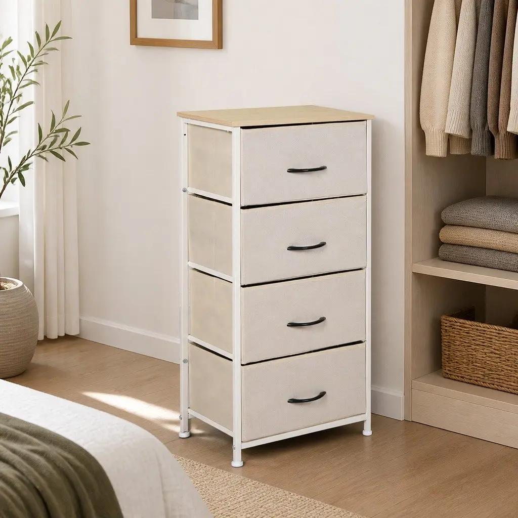 Beige 4 Drawer Chest of Drawers Storage Cabinet Tower Organiser Unit for Bedroom