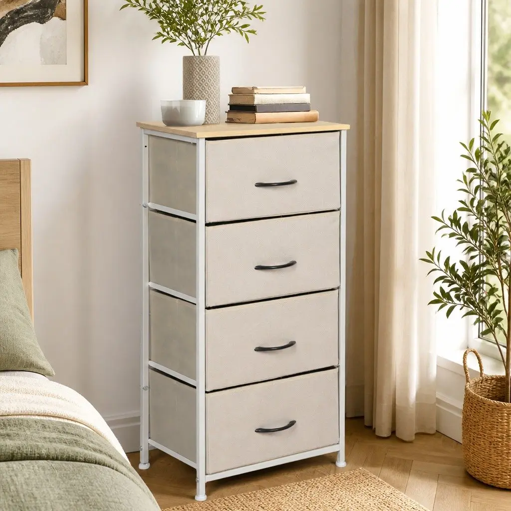 Beige 4 Drawer Chest of Drawers Storage Cabinet Tower Organiser Unit for Bedroom