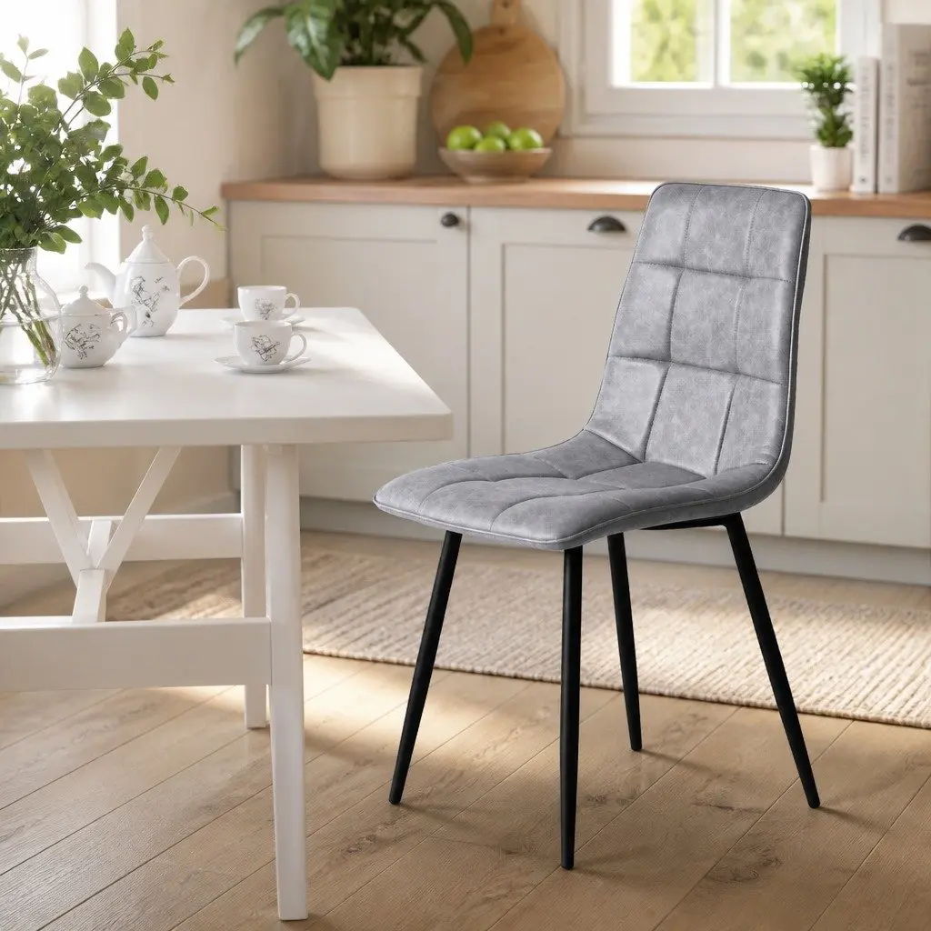 Set of 4 High Back Grey PU Leather Dining Chairs Foam Cushioned Kitchen Seating
